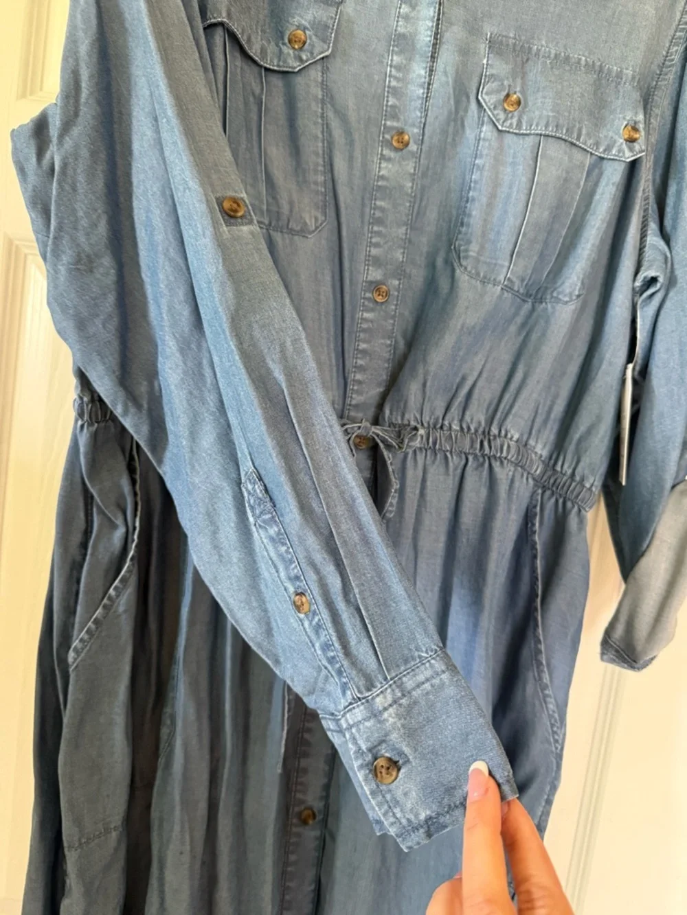 Light Blue Denim Shirt Dress with Drawstring Waist - Picture 5 of 8